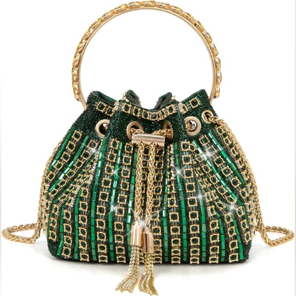 Green Diamante Bucket Handbag Rhinestone Clutch Purse Evening